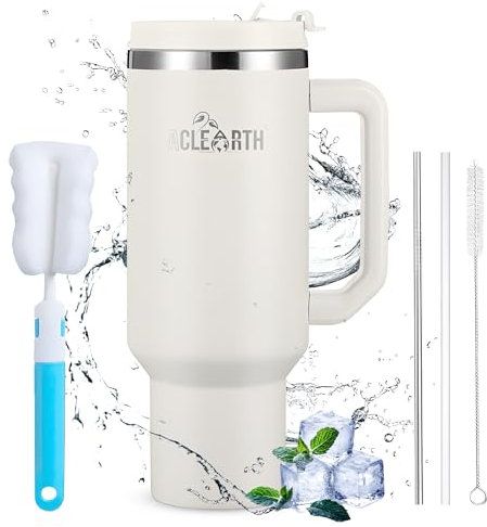 ACLEARTH® (Cream 40oz Tumbler Travel Mug with Handle, Straws, Lid, Coffee, Travel Mug, Water Bottle, Flask, Leak-Proof, Insulated, Stainless Steel, Multi-Use, Gift for Men and Women.