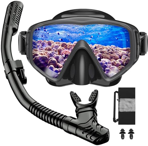 JEMULICE Set per Snorkeling Adulti con Maschera e Boccaglio, Maschera Subacquea Anti-Fog & Anti-Perdite Panoramica 180°, Maschera da Snorkeling, Snorkel Set, Maschera per Immersioni, Unisex-Adulto