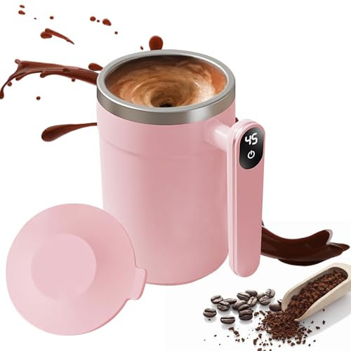 Selbstrührende Tasse, 400ml Intelligenter Selbstrührender Becher mit temperaturanzeige, Magnetischer Self Stirring Mug Edelstahl für Kaffee, Milch, Heiße Schokolade, Tee (Rosa)