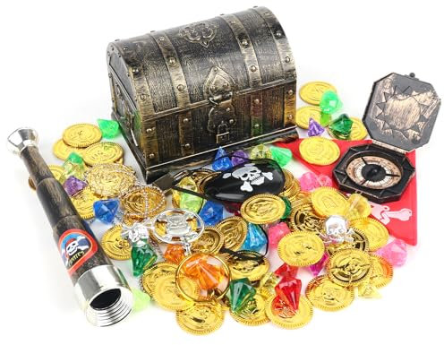 LUFEIS Pirate Treasure Chest Toy, Plastic Bronze Treasure Chest with 50 Gold Coins, Fake Gems, Compass, Telescope and Pirate Accessories, Treasure Box with Lock for Pirate Party, Treasure Hunting