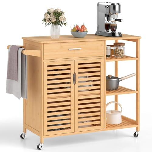 TANGZON Kitchen Island on Wheels, Rolling Bamboo Kitchen Trolley with 2-Door Cabinet, Drawer, Slatted Open Shelves & Towel Rack, Utility Serving Trolley Cart for Home Bar Dinning Living Room