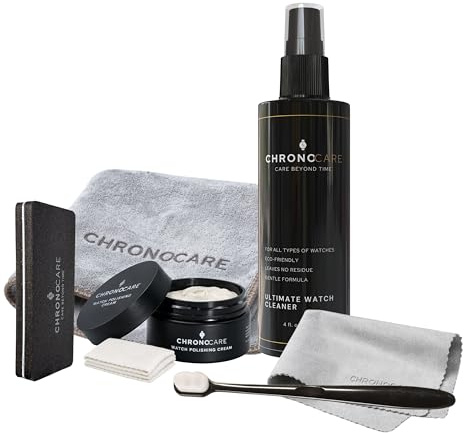 Uhrenpolier- & Reinigungsset - Kratzreparaturcreme, Poliertuch, Reinigungsspray, Matter Erneuerungsschwamm, Bürste & Premium Trockentuch - Sicher für alle Luxus-Metall-Uhren - Komplettes