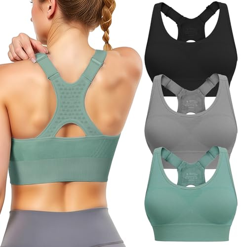 Sports Bras for Women High Support: Adjustable Strap 3 Pack High Impact Plus Size Supportive Padded Racerback Push up Sport Bra Multipack with Sewn in Pads for Large Bust Workout Running Gym Yoga