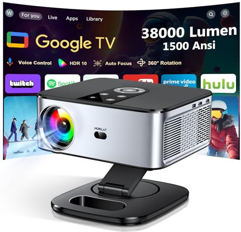 Proyector 4K【1500 ANSI/Google TV/Netflix Oficial】Horlat Proyector 38000Lúmenes Full HD 1080P Nativo,Auto Enfoque,Corrección y Evitación, WiFi6 &Bluetooth 5.2, Control de Voz Projector en Casa/Exterior