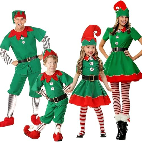 Genérico Ropa Navidad Familia Conjunto Traje de Elfo Navideño Hombre Mujer Disfraz Elfo de Navidad Niña Niño Fieste Vestido Familia Adulto Niño Disfraces con Gorro Cinturón y Medias #5