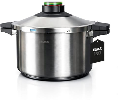 ELMA Olla a Presión Prêst de 6 Litros, Ø24 cm | Acero Inoxidable 18/10, Fondo Encapsulado Apto Inducción, 2 Modos de Cocción, Triple Sistema de Seguridad, Tapa de Cristal Incluida