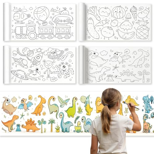 4 Pcs Colouring Drawing Paper Roll for Kids, 3m x 30cm Children's Drawing Roll, Coloring Paper Rolls DIY Painting Color Filling Papers for Kids(Space Dinosaur Transport Food)