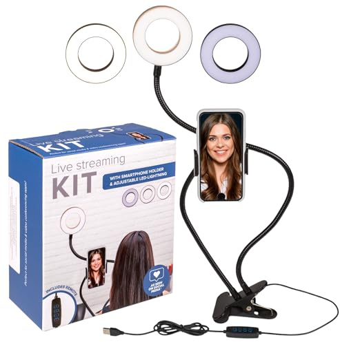 Mobiltelefonhållare med LED selfie ringljus och 3 ljusfärger, perfekt för live-streaming, vlogging och make-up tutorialer, 10 nivåer ljusstyrka, svanhals och klippbordsfäste
