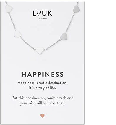 LUUK LIFESTYLE Halskette aus Edelstahl mit Anhänger und HAPPINESS Spruchkarte, Freundschaftskette, Geschenk zum Geburtstag, Damenschmuck, Silber, Gold, Rosé