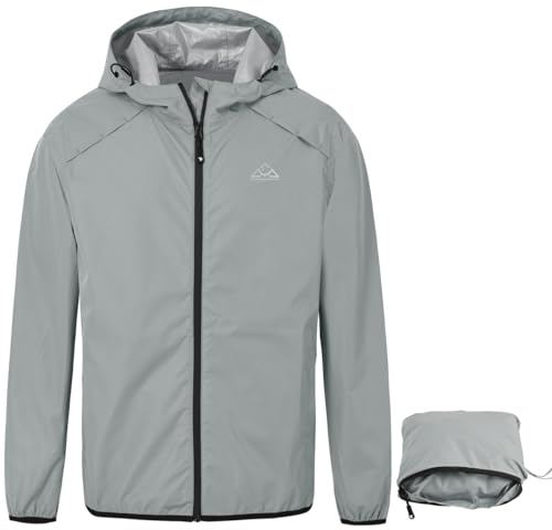YSENTO Mens Waterproof Rain Jacket Lightweight Packaway Rain Coats Walking Running Cycling Hooded Jacket(Light Grey,M)