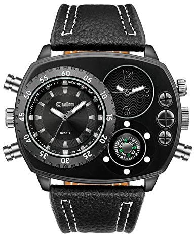 JewelryWe Military Dual Time Zone Watch for Men Big Dial Quartz Watch Cool Punk Leather Wristwatch, for Fathers Day