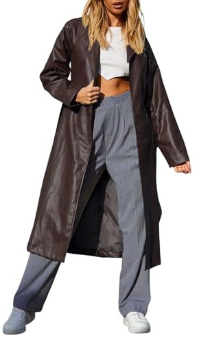 chouyatou Women's Casual Lapel Open Front Pu Faux Leather Long Trench Coat with Belt (Medium, Brown)