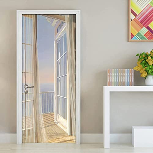 Pegatinas De Puerta Para Puertas Interiores Paisaje De Balcón Junto Al Mar Murales De Puerta 3D, Vinilo Autoadhesivo Para Puerta, Para Guardería, Niños, Niñas, Dormitorios Y Sala De Estar, Decoración