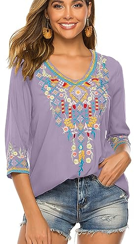 drakloak bohème brodé Chemise pour Femmes brodé Tunic bohème Hippie Chemise à Manches 3/4 Blouse Motif Floral Casual Hippie Chemise(054 LPP 3XL)