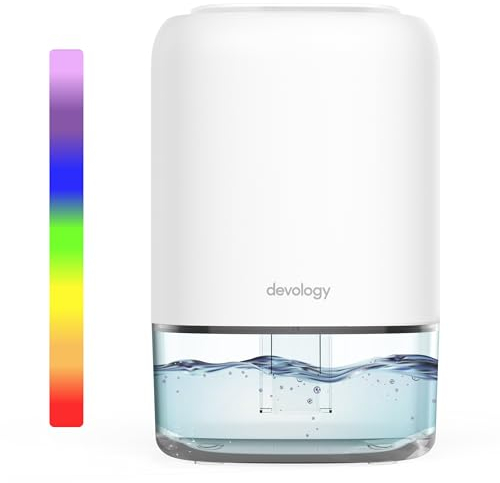 Devology Mini Deumidificatore Portatile Compatto da 1100 ml - Efficienza Elettrica - Elimina Muffa, Umidità e Condensa per Casa - Super Silenzioso <30dB 7 Colori di Illuminazione d'Ambiente a LED