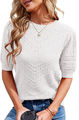 Runcati - Pull en tricot à manches courtes pour femme - Col rond décontracté - Manches bouffantes élégantes - Sweat-shirt uni, blanc, S