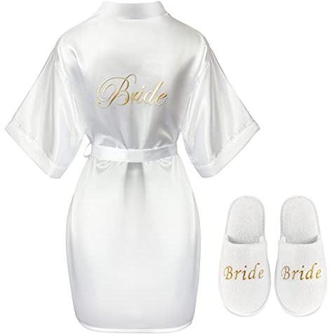 BBTO Vestaglia e Ciabatte da Sposa Accappatoio in Raso Bianco Corto Pantofole per Matrimonio Damigella d'Onore Nozze Donna (M)