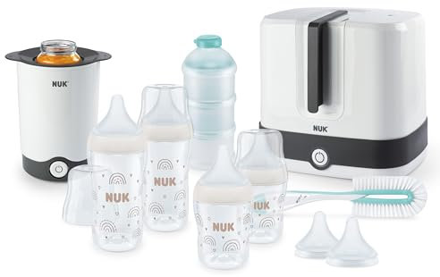 NUK Perfect Match Complete Feeding Set | Ab 0 Monate | Vario Express-Sterilisator, 4 Babyflaschen, Flaschenwärmer, Flaschenbürste und mehr | Regenbogen | 8 Stück