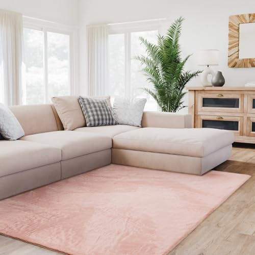 Interiyou Fargo - Teppich Wohnzimmer 160x230 cm Rosa - Kurzflor Waschbar und rutschfest - Flauschiger Fellteppich aus Kunstfell - weicher Langflor Fell