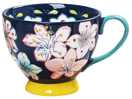 Painted Ceramic Mug Large Coffee Mug with Handle Water Juice Milk Cereal Mug Breakfast Porridge Mug Teacup Soup Bowl for Restaurant Kitchen Dinner Baking Cooking Dishwasher Microwave Oven Freezer