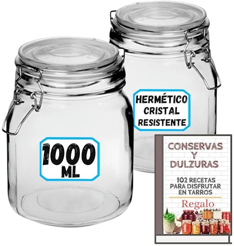 4 Tarros de Cristal Herméticos 1 litro - Con Etiquetas + Ebook de 102 Recetas - Tarros para Conservas, Mermelada, Encurtidos, Fermentar - Vidrio Resistente (4)