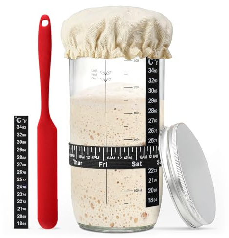 FORYNXHWIN Sourdough Starter Jar Kit - 24oz (730ml) Round Wide Mouth Glass Jar with Aluminum Lid, Cloth Cover, Thermometer, Feeding Date Band, Silicone Scrape, Reusable Yeast Bread Baking Supplies