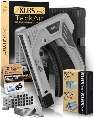 KLRStec TackAir Grapadora Manual – Pistola de Grapas con Gatillo por Tracción – Grapadora para Madera y Tapicería – Incluye 2000 Grapas Tipo D & T – Herramienta Ergonómica y Potente