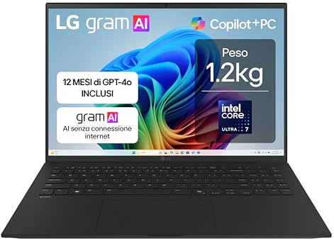 LG gram AI 16Z90TL Copilot+ PC, Notebook 16 2.5K, Intel Core Ultra 7 (Serie 2) 256V, 16GB RAM, 512GB SSD, AI PC, Ultraligero solo 1.2 kg, batería 77Wh, Windows 11 Home, teclado italiano, negro