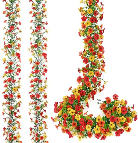 MEIVINES Artificiale Ghirlanda di Fiori 2PCS 5.9FT Ghirlanda Fiori Finti Artificiale Fiori di Seta Appesa Rattan per la Decorazione Della Parete di Nozze All'Aperto (Rosso & Arancione & Giallo)
