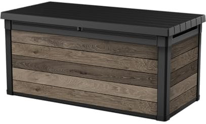 Keter Signature - Contenitore da giardino 570 l, con effetto legno e funzione di seduta, resistente alle intemperie, con molle a gas