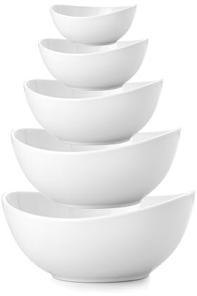 Familywood Porcelain Serving Bowls set for Entertaining, 3-11-20-32-50 Ounce, Scratch Resistant, 5 Piece Serving Bowl Set, Prep Salad Bowls for Christmas Thanksgiving, Dishwasher Safe, Pure White