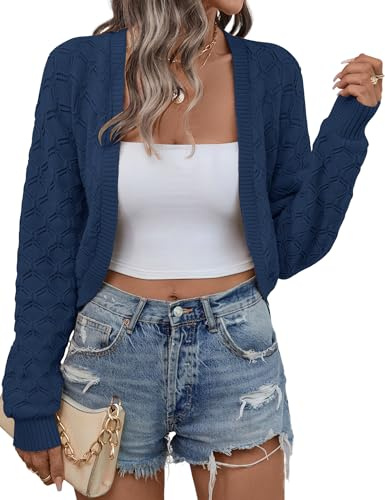 Kistore Womens Cardigan Lightweight Cropped Bolero Shrugs for Women UK Fall Long Sleeve Crochet Open Front Sweaters Navy M
