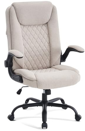 CASTLOVE Bürostuhl Ergonomisch Schreibtischstuhl Chefsessel Mit Gepolsterten Armlehnen Klappbar, H?henverstellung, Wippfunktion und Kopfstütze Bequem für Home-Office Bürostuhl 150kg Beige Stoff