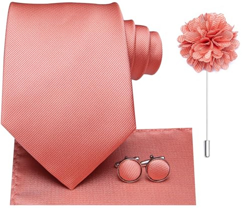 Hi-Tie Ensembles de cravates pour homme avec pochette, épingles de revers et boutons de manchette en soie tissée pour mariage et soirées formelles, rose corail, M