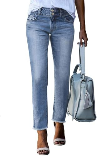 Sidefeel Women's High Waisted Jeans Strechy Tummy Control Jeans Wide Leg Zimbaplatinum Raw Hem Denim Pants Sky Blue Size 6