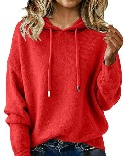 Women's Cashmere Jumper Hoodie Long Sleeve Relaxed Fit Soft Comfortable Hooded Sweater Plain Knitted Pullover Hoodies Casual Solid Color Base Sweatshirts Ladies Winter Warm Jumper Tops Red