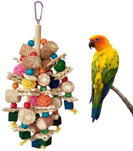 TENGWA Jouet Perroquet 34 * 12 cm Jouets à Mâcher pour Oiseaux Matériaux Naturels Blocs en Bois Colorés Épi de Maïs Jouets pour Oiseaux Convient aux Perroquets de Taille Moyenne et Grande