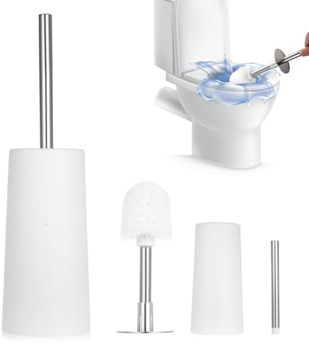 Toalettborste med hållare i rostfritt stål, toalettborsthållare med droppbotten och snabb dränering, toalettborste med stänkskydd, flexibla borst för djuprengöring, lämplig för hem och H
