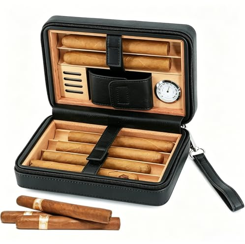 Racocou Cederträ Cigar Humidor – Avtagbar Bricka Hygrometer Avtagbar Luftfuktare Droppslang och Kortficka – Lyxpresent till Pappa Make,Black