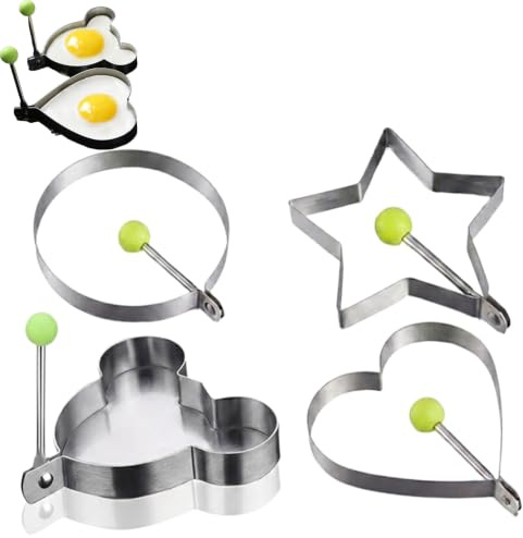 YUGYNE 4 Piezas Moldes para Huevos Fritos de Acero Inoxidable, Formas de Corazón Estrella y Círculo, Anillos Antiadherentes con Mango para Tortitas, Hamburguesas y Desayunos Creativos