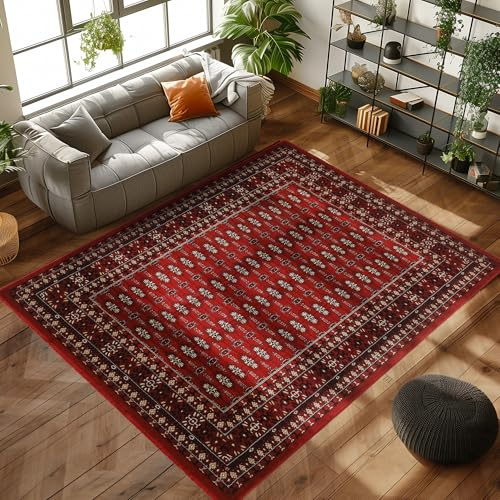 Carpettex Kurzflor Orientalischer Teppich - Klassisch Optik Webteppich Rot 120 x 170 cm - Vintage Wohnzimmerteppich Schlafzimmer Weich Waschbar Küchenteppich