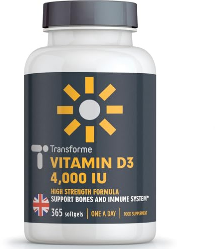 Transforme Vitamin D3 4000 IU, 365 Capsules 1 Year Supply, Maximum Strength High Absorption Softgels, Easy to Swallow Quadruple Strength VIT D Cholecalciferol - Not Tablets, Gluten Free