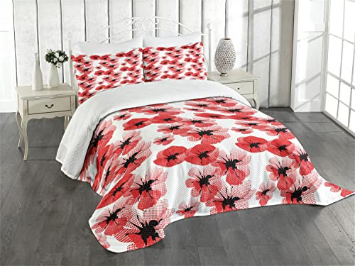 ABAKUHAUS Blumen Tagesdecke Set, Mohnblumen lebendige Farben, Set mit Kissenbezügen Sommerdecke, für Einzelbetten 170 x 220 cm, Zinnoberrot Weiß Schwarz