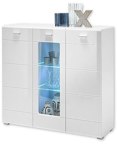 ENRIQUE Highboard mit LED-Beleuchtung, Weiß Hochglanz - Moderner Wohnzimmerschrank mit viel Stauraum für Ihren Wohnbereich - 120 x 112 x 42 cm (B/H/T)