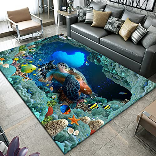 Teppich Unterwasserwelt Ozean 3D Schildkröten Delphin Muster Teppich Wohnzimmer Großer Carpet Fußmatte Jungen Mädchen Schlafzimmer Teppiche Kinderspiel Rutschfester Rug (80x160 cm, Muster 3)