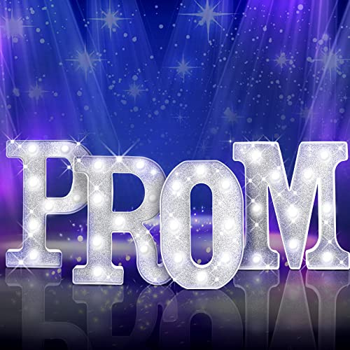 Kathfly 4 Pcs LED Prom Letter Lights 3D Extra Large Prom 2026 Light up Sign Marquee Letters Decorations for 2026 Graduation Party Supplies(Silver Glitter)