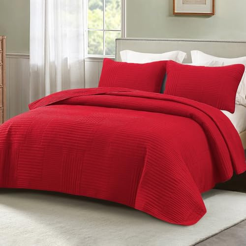 Whale Flotilla Ultra Soft Queen Quilt Bedding Set, Lightweight Microfiber Red Quilts Bedspreads Full Size, 3 Piece Ultrasonic Geometric Coverlet Bed Cover for All Seasons