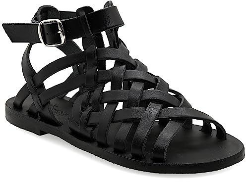 37 Noir Emmanuela Sandales gladiateur en cuir grec avec boucle réglable, chaussures d'été faites à la main de qualité, sandales plates Boho Chic Sandals