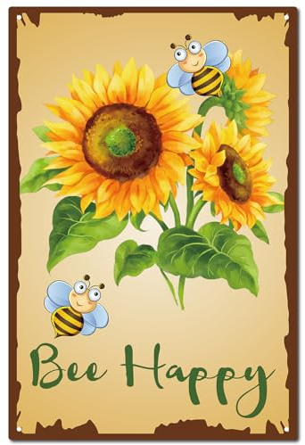 CREATCABIN Panneen Métal avec Abeille Heureuse Tournesol,Décoration Jardin Rustique,Plaque D'Été,Ferme,Peinture Fer Vintage,Affiche Rétro Murale Suspendre,Décoration Murale pour Maison,Salon,20x30cm