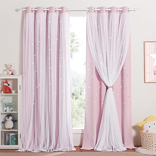 NICETOWN Tende oscuranti per cameretta dei bambini, a doppio strato, con stelle vuote e voile, set da 2 pezzi, altezza 280 x larghezza 132 cm, rosa chiaro